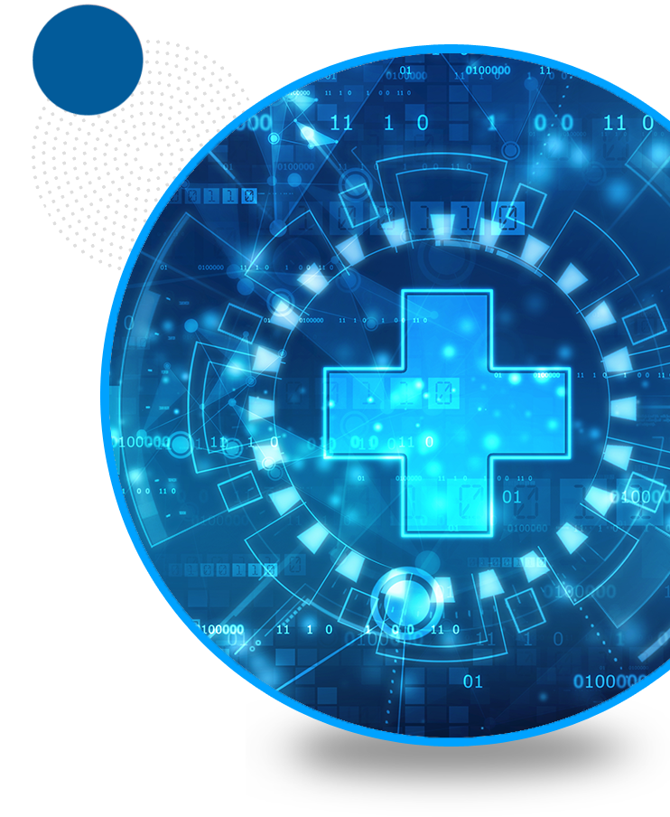 Genzeon Healthcare IT Solutions - cyber futuristic healthcare cross inside of blue UI