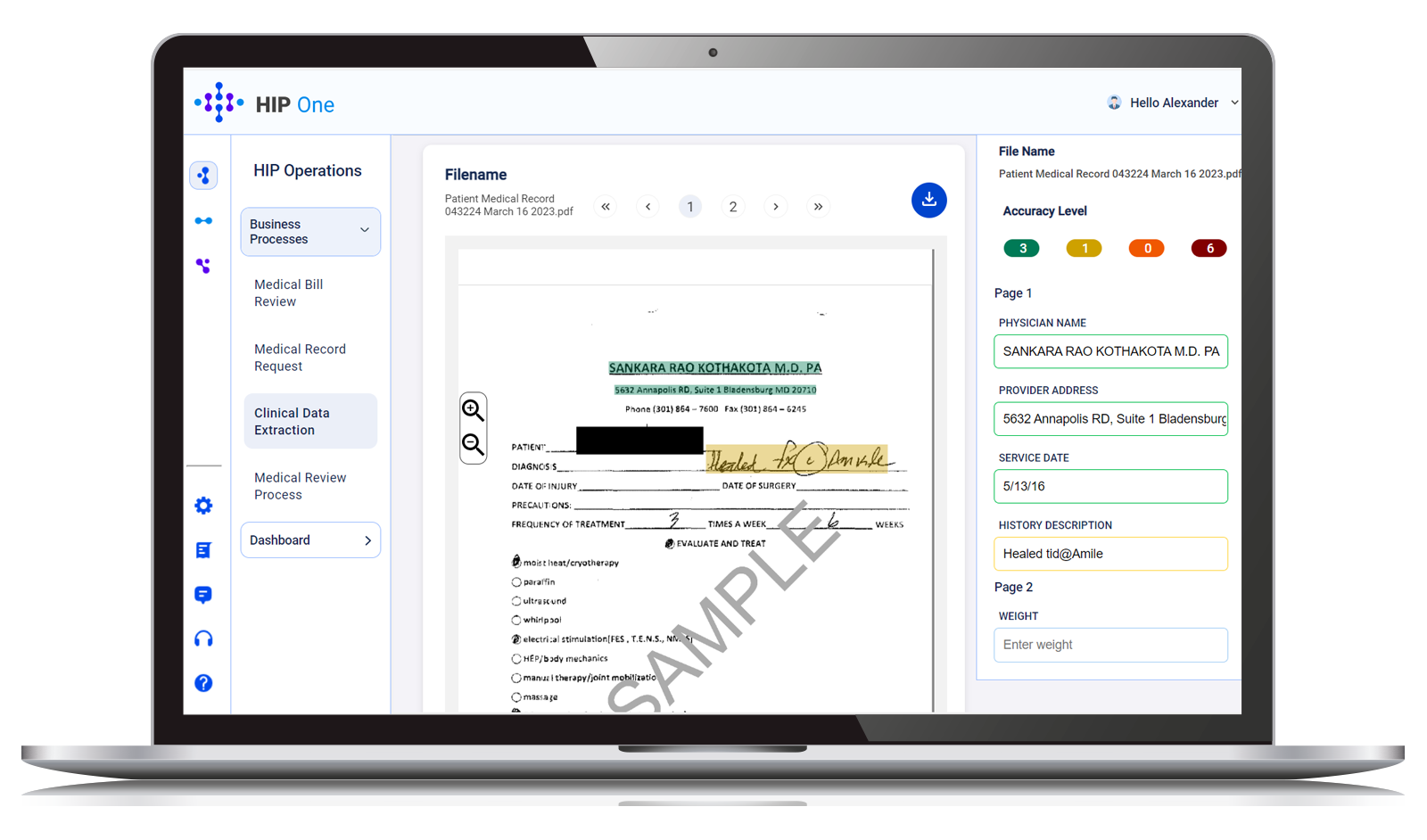 HIP One UI example - HIP Operations module with clinical data extraction