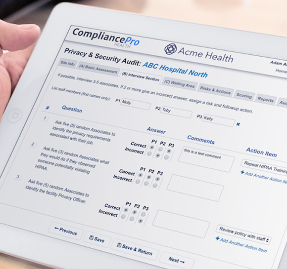 CompliancePro solutions UI on a tablet